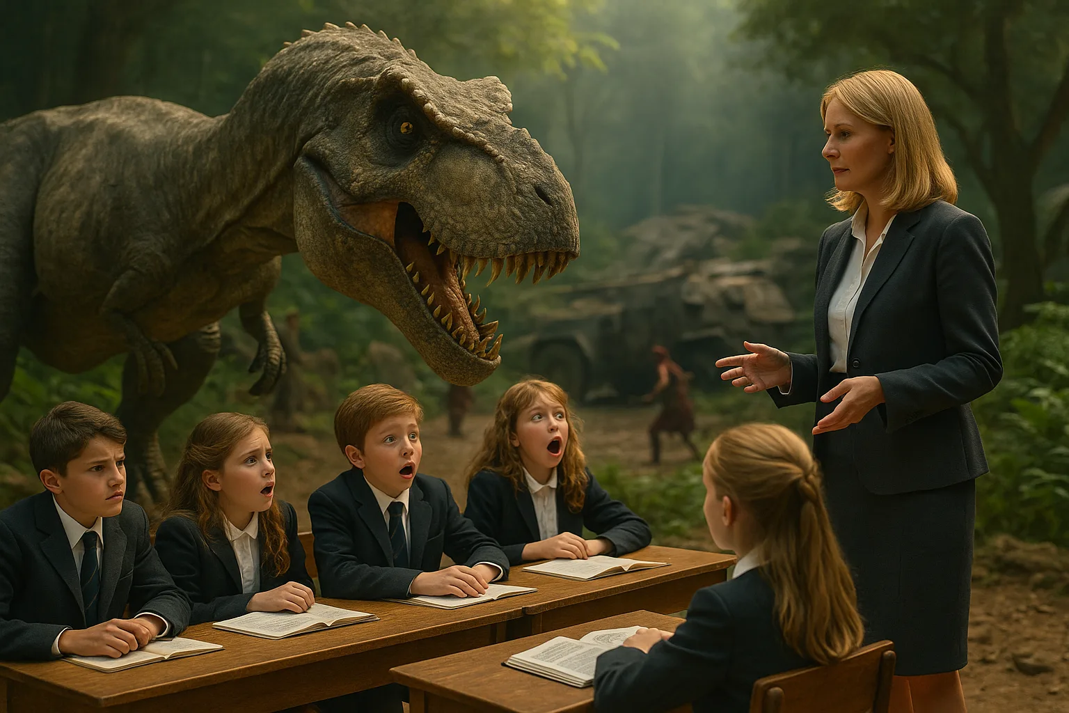 урок среди динозавров с удивлёнными учениками